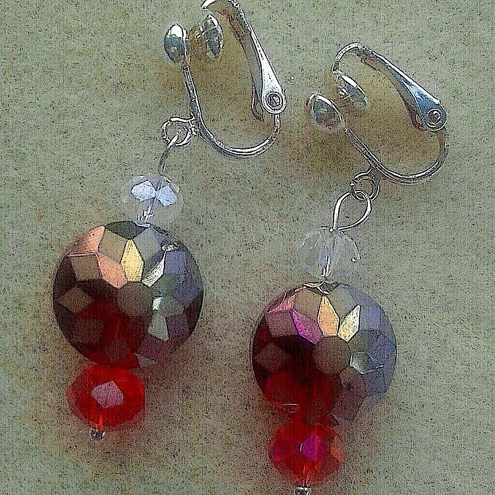 “Etched Red Snowflake or Sunburst” clear crystal clip on earrings PRICE IS FIRM